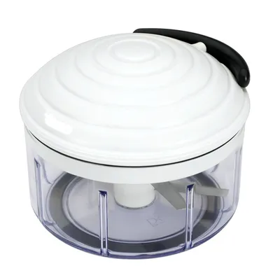 A white and clear manual food chopper with a black handle on a white background.