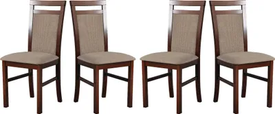 Four dining chairs are shown against a white background.