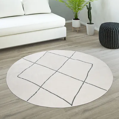Image de Tapis rond pour salon à poils courts avec motif moderne scandinave en losanges clairs, taille 200 cm rond