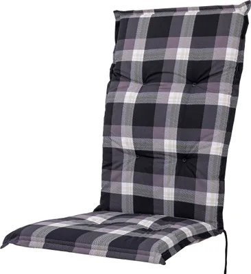 A chair cushion with a plaid pattern.