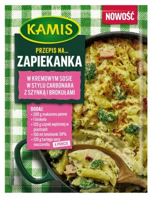 Produktbild von Kamis Rezept für einen Auflauf in cremiger Carbonara-Soße mit Schinken und Brokkoli 30 g