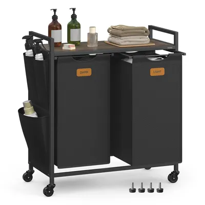 Produktbild von VASAGLE Wäschekorb, Wäschesammler, Wäschesortierer, Rollen, Wäschewagen mit Ablage, kleine seitliche Taschen, 6 Etiketten, 2 Fächer, 100 L