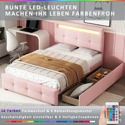 Produktbild von Polsterbett mit LED-Leuchten, 2 Schubladen, Einzelbett Kinderbett Jugendbett Gästebett 90*200cm