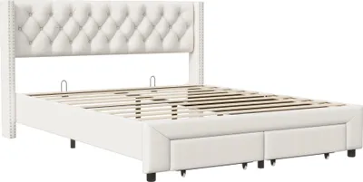 Produktbild von UnboxG Polsterbett 180x200cm mit USB und Steckdosen, Jugendbett Doppelbett mit 2 Schubladen, Stauraumbett Massivholzbett mit LED und Lattenrost, Samt, Beige