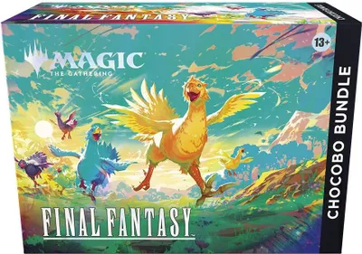 A Magic: The Gathering Chocobo Bundle box featuring Final Fantasy artwork with Chocobos running through a landscape.