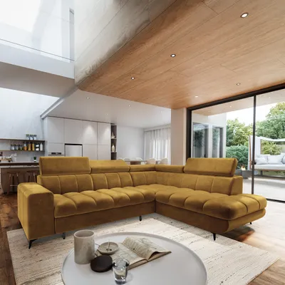 Produktbild von Masseno Ecksofa MORIVA R-S mit Schlaffunktion L-Form, Sofa mit Bettkasten, Wohnzimmersofa, Couch, Soffa, Bettsofa, Couchgarnitur- Gelb, MONOLITH 48