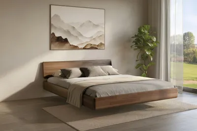 Produktbild von Schwebebett aus massivem Buchenholz Visby LENA ohne Nachttische, 160x200 cm, Farbe Nussbaum