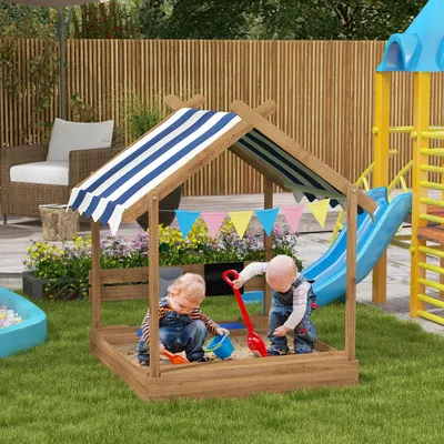 Produktbild von Sandkiste Tannenholz, Sandkasten Spielhaus mit Sonnendach, Spielzeug-Set, Braun | bodenfreies Design | 18,5 kg | 124x116x146 cm