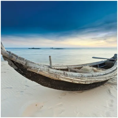 Produktbild von Wallario Memoboard Magnettafel aus Glas, Größe 50 x 50 cm, Motiv Fischerboot am Strand mit Sonnenuntergang