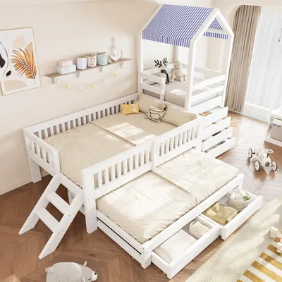 Immagine prodotto di Letto a castello per bambini 90x200 cm con letto a estensione 90x190 cm, lettino a casetta per bambini con cassetti e tenda in tessuto, letto a castello in legno con scaletta, colore bianco