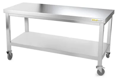 Obrázok produktu pre Pracovná doska z nehrdzavejúcej ocele s podstavcom, rozmery 1600 x 700 mm, na kolieskach, PREMIUM - GOLDINOX