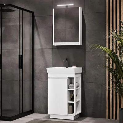Produktbild von Planetmöbel Badmöbel Set NYX Waschtisch 50 cm Matt Weiß mit Spiegelschrank und Armatur schwarz