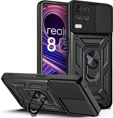 Produktbild von Realme 8 5G Hülle mit Ring Ständer Halter Dia Kameraschutz TPU Bumper Silikon Schutzhülle für OPPO Realme 8 5G Schwarz