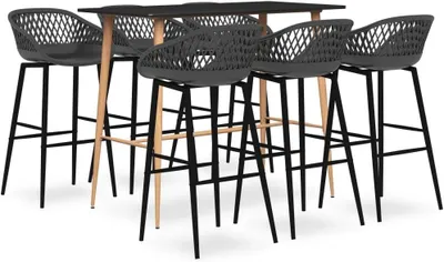 Produktbild von Mangloder 7-teiliges Barset in Schwarz und Grau, Bartisch aus MDF 120 x 60 cm, 6 Barhocker aus PP mit Netzrückenlehne, für Garten, Bar und Restaurant, platzsparend, 110 kg pro Sitzplatz