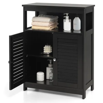 A black wooden bathroom storage cabinet with two doors, one open, displaying various bathroom items.