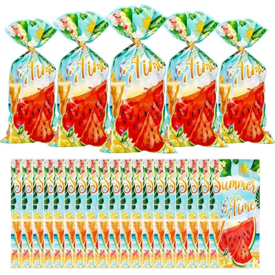 Productafbeelding van 50 stuks cellofaan traktatiezakjes met watermeloenpatroon, 12,7 cm x 27,4 cm