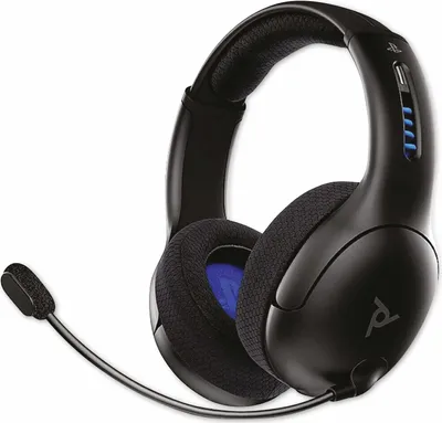 A black wireless gaming headset with a microphone is shown against a white background.