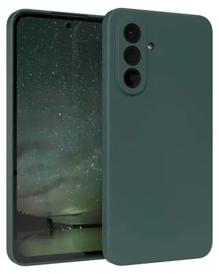A dark green phone case is shown diagonally against a dark background with a starry sky image on the phone screen.