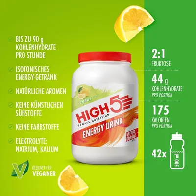 Produktbild von HIGH5 – Energy Drink – 1000 g – Zitronengeschmack – Isotonisches Energiegetränk – Elektrolyte – Elektrolyt- & Kohlenhydrat-Sportgetränk – 2:1 Fruktose