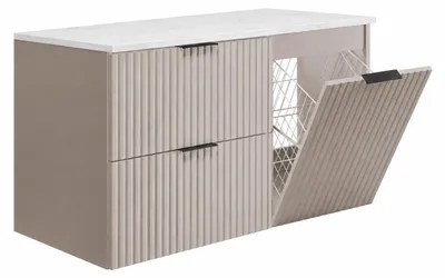 Image de Ensemble de meubles de salle de bain comprenant un panier à linge et une étagère, avec des poignées noires, largeur 100 cm, finition cachemire