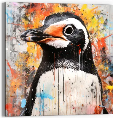 Produktbild von DEQOART Glasbild Echtglas 30x30 cm 'Pinguin im Farbrausch' Wandbild Bild modern Deko