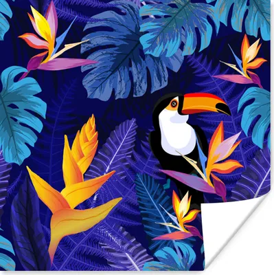 Produktbild von MuchoWow® Poster Dschungel - Tukan - Blumen - Pflanzen - Kinder - Lila - Tiere 100x100 cm - Babyzimmer
