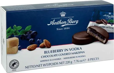 Produktbild von Anthon Berg Blueberry in Vodka Marzipan Pasteten mit Schokolade 220g