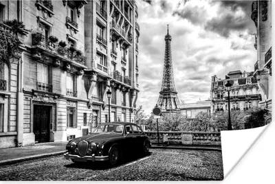Produktbild von MuchoWow® Poster Liegendes Schwarz-Weiß-Foto von Paris mit einem Auto 120x80 cm - Bilder