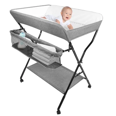 Produktbild von Mobiler Wasserdicht Wickeltisch,Klappbarer Baby Wickeltisch,Wickeltisch mit Rollen,Baby Wickelkombi mit Ablagefächern Höhenverstellbar 86x62x98-104cm