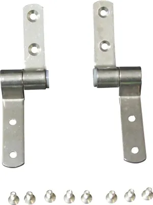 Two metal hinges and eight screws are displayed against a white background.
