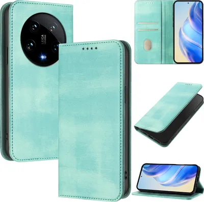 Produktbild von Handyhülle für Xiaomi 14 Ultra, Vintage Leder RFID Schutz Kartenfach Standfunktion Magnetische Klapphülle Türkis