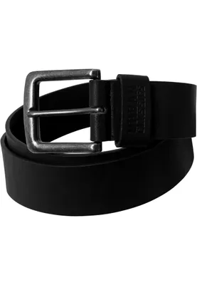 A black leather imitation belt with a silver buckle, presented on a white background.