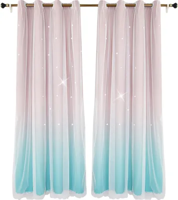Two sheer curtains with a gradient color from pink to blue, decorated with small white stars.