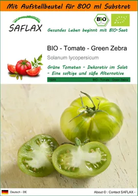 Produktbild von SAFLAX - Garden in the Bag - BIO - Tomate - Green Zebra - 10 Samen - Mit Anzuchtsubstrat im praktischen, selbst aufstellenden Beutel - Solanum lycopersicum