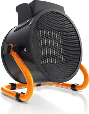 A black and orange heater with a metal grille and stand, isolated on a white background.