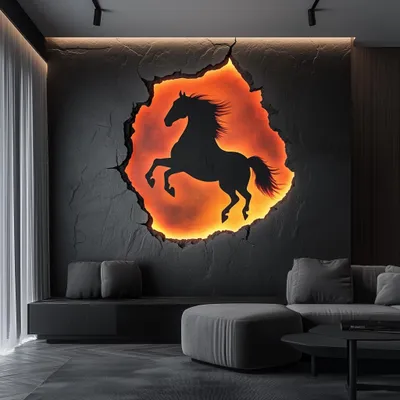 aufbäumendes Pferd mit feurigem 3D-Mauerriss – Decords Wandtattoo, Produktansicht 1