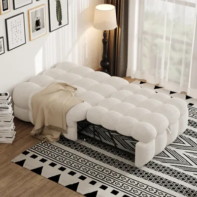 Immagine prodotto di Merax 2-in-1 poggiapiedi divano letto giorno in tessuto teddy, letto per ospiti con imbottitura in schiuma, letto imbottito pieghevole, 183x76x42 cm, beige