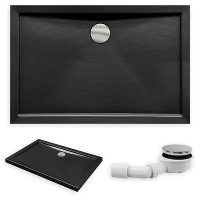 Produktbild von Duschwanne Rechteck 120x80x5,5 Sanitäracryl Duschtasse Steinoptik Schwarz | Ablaufgarnitur ⌀90 mm im SET | Anti-Rutsch Duschbecken | BADLAND ALPINA