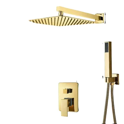Immagine prodotto di Set di rubinetteria per doccia con montaggio a parete color oro, acqua calda e fredda, soffione a pioggia in ottone, valvola a 2 vie da 12 pollici