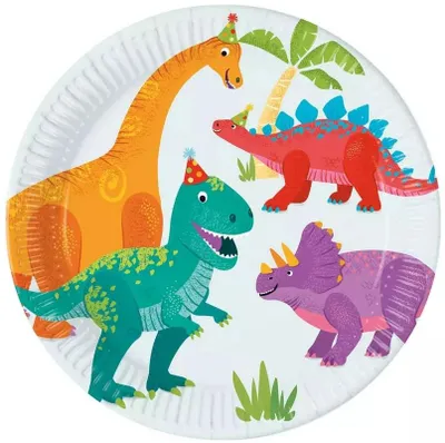 Image de Assiettes en carton sur le thème des dinosaures joyeux, pour une fête d'anniversaire, diamètre 23 cm, lot de 8