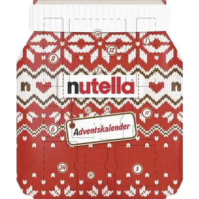 A Nutella advent calendar shaped like a Nutella jar, decorated with a festive knitted pattern.