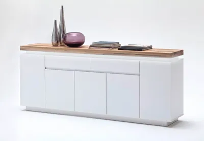 Zdjęcie produktu dla Kredens Romina 2 | biały mat / lity dąb | z oświetleniem LED