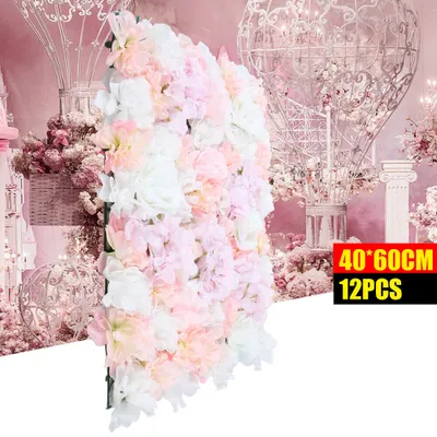Image de 12 pièces de fleurs artificielles Colonne de fleurs artificielles Panneau de fleurs DIY mur de roses pour la décoration de mariage de jardin rose blanc
