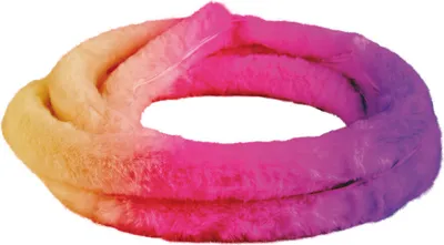 A coiled, fluffy LED strip light with a gradient of colors from yellow to pink to purple.