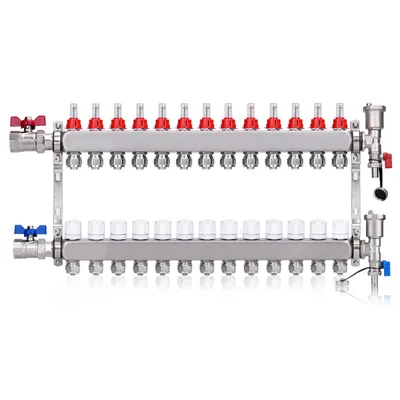 Produktbild von 13 Heizkreise | Heizkreisverteiler mit Eurokonus 3/4 (16 x 2 mm) | 1" Kugelhähne Manueller Entlüfter Flussmesser Durchflussmesser Fußbodenheizung HKV