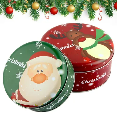 Immagine prodotto di Set da 2 contenitori per biscotti natalizi, in metallo, rotondi, con coperchio. Ideali come scatola per dolci, confezione regalo o salvadanaio