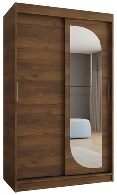 Produktbild von MEBLE KRYSPOL LUCY 120 Kleiderschrank mit zwei Schiebetüren für Schlafzimmer - moderner Aufbewahrungsschrank mit Kleiderstange und Regalen - 120x200x62cm - Nussbaum Warmia, Griff: Silber