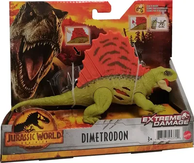 Zdjęcie produktu dla Mattel GWN15 Jurassic World Dominion Dimetrodon Ruchoma figurka dinozaura 19 cm czerwono-zielona z obrażeniami bojowymi