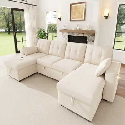 Immagine prodotto di Divano angolare MODFU, divano letto a forma di "U", divano modulare a 4 posti con funzione letto, spazio contenitivo sotto le chaise longue, divano relax con illuminazione LED e porta USB Type-C, tessuto in chenille, color beige