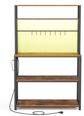 Image de Étagère de cuisine avec éclairage LED, prises électriques et étagères réglables | Marron et noir | 80 x 40 x 168,4 cm